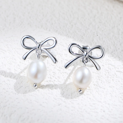 925 Sterling Silver Bowknot Freshwater Pearl Stud Earrings Gold Silver Plated Bow Tie Earrings For Women Jewelry Gift
