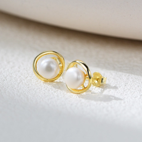 925 Sterling Silver Round Natural Pearl Stud Earrings For Women French Minimalist Geometric Gold Silver Plated Jewelry Gift