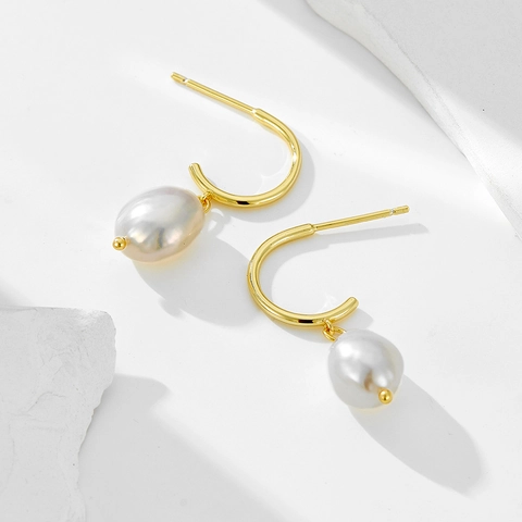 Pendientes de Gota de Plata de Ley S925 Chapados en Oro con Perla de Agua Dulce Barroca Pendientes Irregulares de Moda Regalo