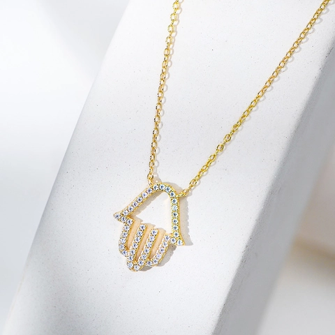 925 Sterling Silver Hamsa Hand Pendant Necklace For Women Gold Silver Rhinestone Inlaid Palm Hand Bone Chain Fashion Jewelry Gift