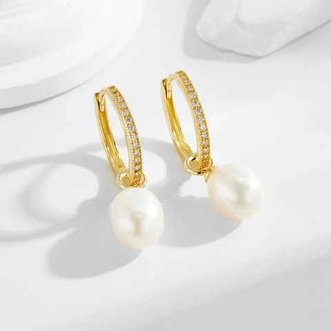 Elegantes Pendientes de Aro de Plata de Ley 925 Con Colgante de Perla Artificial Y Micro Strass Para Mujer Joyería Francesa