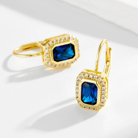 Vintage French Style 925 Sterling Silver Gold Plated Geometric Rectangle Blue Zirconia Leverback Drop Earrings For Women Jewelry