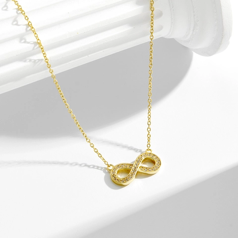 Collier Infini en Argent Sterling 925 pour Femme Strass Plaque Or Chaine Elegante Bijoux Cadeau