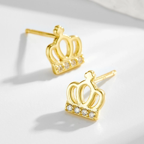 Boucles d'Oreilles Clous Couronne en Argent Sterling 925 Élégantes Plaquées Or avec Strass Bijoux Minimalistes Femme