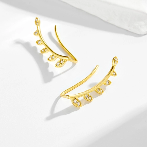 925 Sterling Silver Leaf Ear Climber Earrings Gold Plated Botanical Rhinestone Crawler Stud Earrings For Women Jewelry Gift
