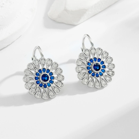 925 Sterling Silver Sunflower Drop Earrings Blue Rhinestone Inlaid Fashion Jewelry For Women Elegant Commuter Accessories