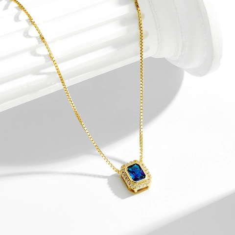 925 Sterling Silver Blue Zirconia Square Pendant Necklace Gold Plated Box Chain Luxury Vintage Clavicle Chain Jewelry For Women