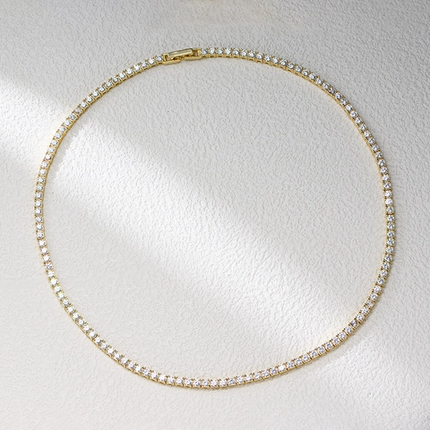 925 Sterling Silver Tennis Necklace Gold Plated With Round Cubic Zirconia Hip Hop Fashion Jewelry For Women