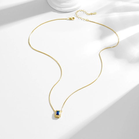925 Sterling Silver Blue Zirconia Square Pendant Necklace Gold Plated Box Chain Luxury Vintage Clavicle Chain Jewelry For Women