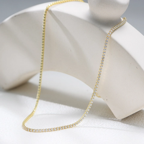 Collar de Cadena de Tenis de Plata de Ley 925 con Circonia de 2mm Bañado en Oro Joyas Hip Hop Hipster para Mujer Redondo Incrustado