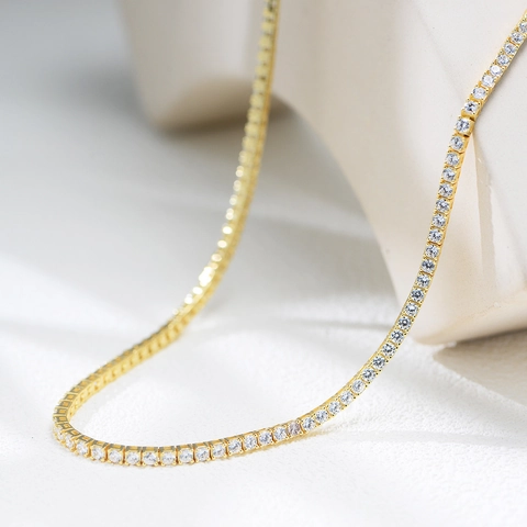 925 Sterling Silver Tennis Necklace Gold Plated With Round Cubic Zirconia Hip Hop Fashion Jewelry For Women