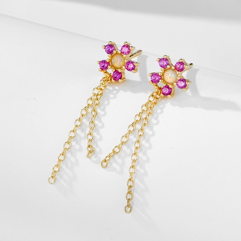 Pendientes de Borla de Opale con Flores de Plata de Ley 925 para Mujer Dorado Plateado Galvanizado Strass Incrustado Pendientes Largos