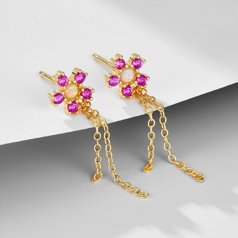 Pendientes de Borla de Opale con Flores de Plata de Ley 925 para Mujer Dorado Plateado Galvanizado Strass Incrustado Pendientes Largos