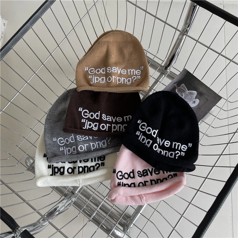 God Save Me Letter Embroidered Knit Beanie For Women Trendy Streetwear Warm Autumn Winter Acrylic Slouchy Skull Cap Hat