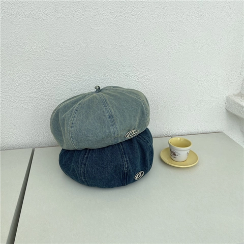 Nouveau Béret en Denim Délavé Rétro Pour Femmes Casquette Octogonale de Peintre Avec Décoration en Métal Accessoires de Mode