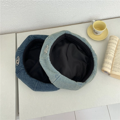 Nouveau Béret en Denim Délavé Rétro Pour Femmes Casquette Octogonale de Peintre Avec Décoration en Métal Accessoires de Mode