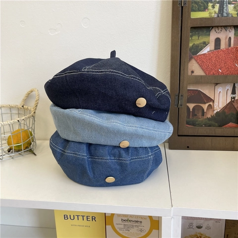 Vintage Denim Style Acrylic Beret Hat For Women Men Contrast Stitching Casual Artist Painter Cap Adjustable Fall Winter Hats