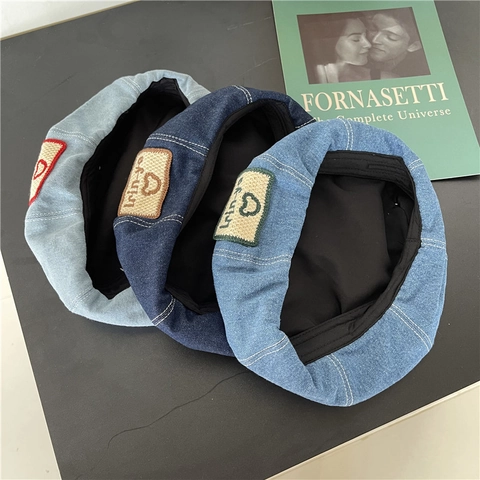 Vintage Retro Acrylic Denim Style Beret Hat For Women Kids Embroidered Patch Painter Cap Washed Newsboy Hat Daily Accessory
