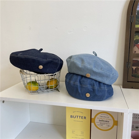 Vintage Denim Style Acrylic Beret Hat For Women Men Contrast Stitching Casual Artist Painter Cap Adjustable Fall Winter Hats