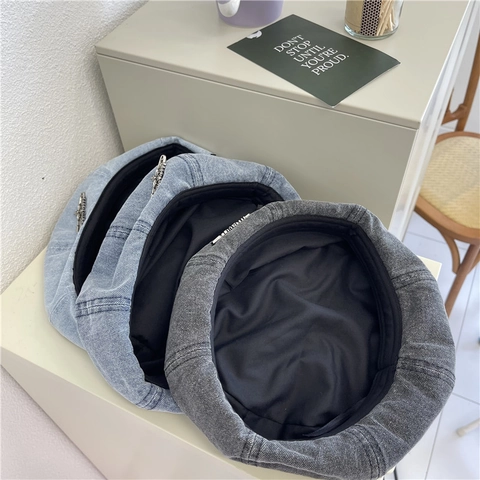 Retro Washed Denim Beret Hat For Women Japanese Korean Style Painter Newsboy Cap Casual Versatile Streetwear Fashion Headwear