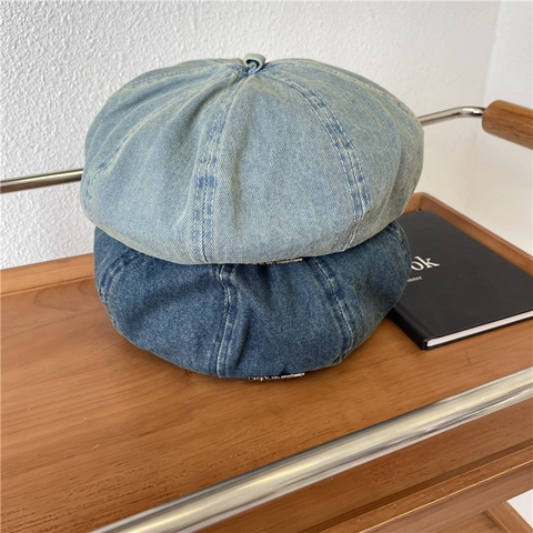 Japanese Minimalist Acrylic Denim Texture Newsboy Cap For Women Vintage Washed Octagonal Beret Hat Retro Painter Cap Jewelry
