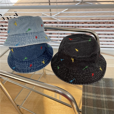 Sombrero de Pescador Estilo Denim de Acrílico Bordado de Dinosaurio para Mujer Casual Lavado Protección Solar Exterior