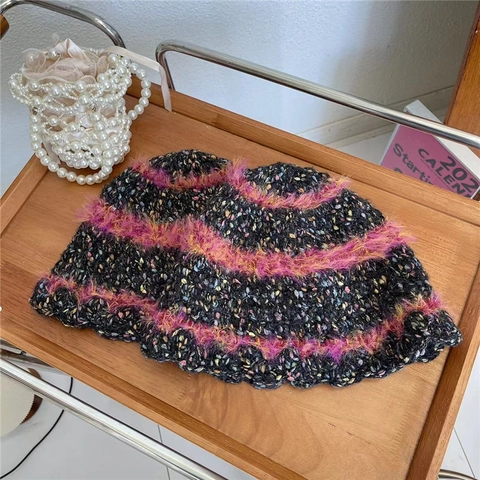 Cappello da Pescatore in Maglia di Acrilico da Donna Con Strisce in Peluche Rosa Caldo Inverno Filato Misto Color Block