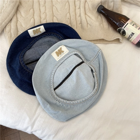 Vintage Washed Denim Style Acrylic Beret For Women Casual Fashion Painter Hat With Metal Logo Patch Retro Octagonal Cap