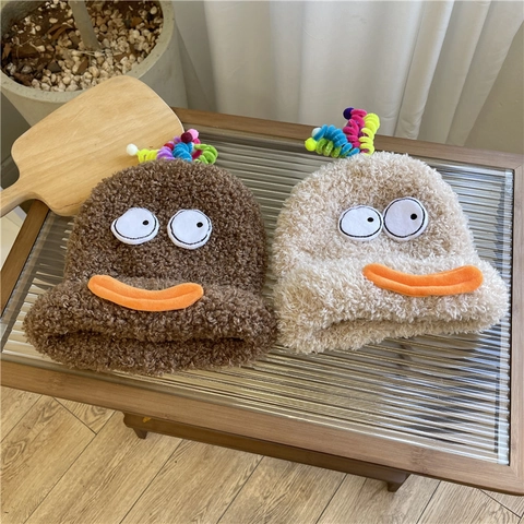 Funny Duck Plush Knitted Hat For Women Warm Faux Shearling Bucket Hat With Big Eyes And Cartoon Orange Beak Antennas
