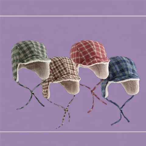 Retro Plaid Colbacco Con Lana di Agnello Artificiale Foderato in Pile Caldo Inverno Antivento Cappello da Aviatore Donna Uomo