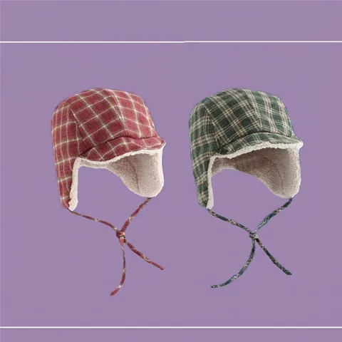 Retro Plaid Colbacco Con Lana di Agnello Artificiale Foderato in Pile Caldo Inverno Antivento Cappello da Aviatore Donna Uomo