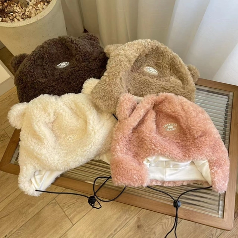 Sweet Cute Bear Ears Trapper Hat Winter Acrylic Plush Warm Ear Protection Hat Adjustable Drawstring Letter Label Earflap Hat