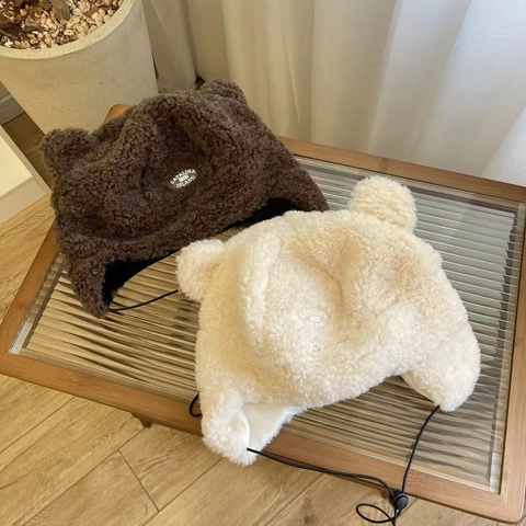 Sweet Cute Bear Ears Trapper Hat Winter Acrylic Plush Warm Ear Protection Hat Adjustable Drawstring Letter Label Earflap Hat