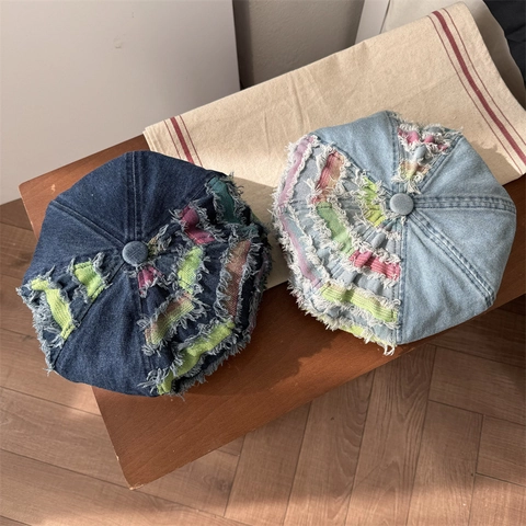 Vintage Acrylic Patchwork Beret For Women Frayed Edge Painter Hat Colorful Striped Distressed Newsboy Cap Casual Headwear