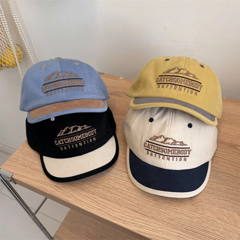 Vintage Farbblock Acryl Baseballkappe mit Bergstickerei Verstellbare Kurze Krempe Sonnenhut für Herren Damen