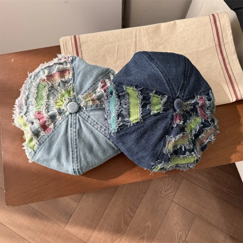 Vintage Acrylic Patchwork Beret For Women Frayed Edge Painter Hat Colorful Striped Distressed Newsboy Cap Casual Headwear
