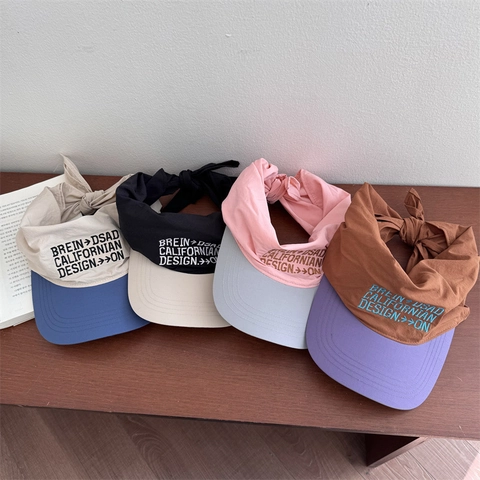 Cappello Visiera da Donna Asciugatura Rapida Colore a Contrasto Ricamo Lettere Fiocco Regolabile Senza Parte Superiore Estate Mare