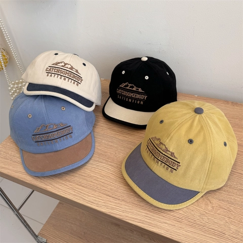 Vintage Farbblock Acryl Baseballkappe mit Bergstickerei Verstellbare Kurze Krempe Sonnenhut für Herren Damen