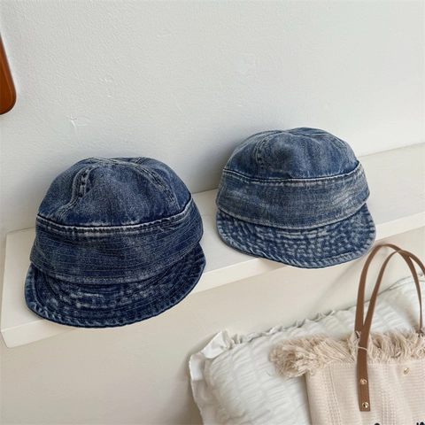 Vintage Washed Denim Look Acrylic Bucket Hat For Women Retro Distressed Short Brim Foldable Sun Protection Fisherman Hat