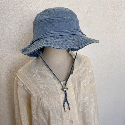 Acrylic Denim Style Bucket Hat For Women Men Adjustable Windproof Rope Water Washed Sun Protection Foldable Summer Outdoor Hat