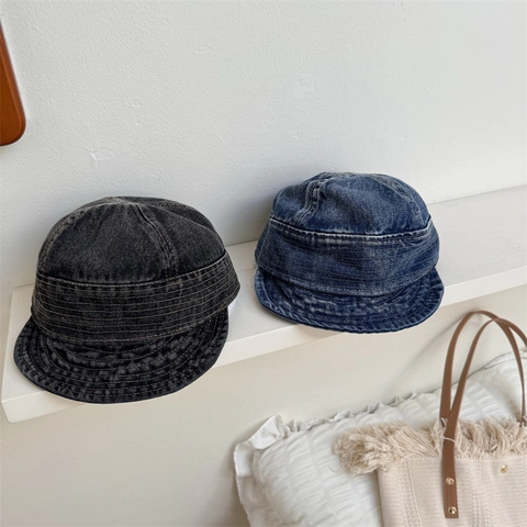 Vintage Washed Denim Look Acrylic Bucket Hat For Women Retro Distressed Short Brim Foldable Sun Protection Fisherman Hat