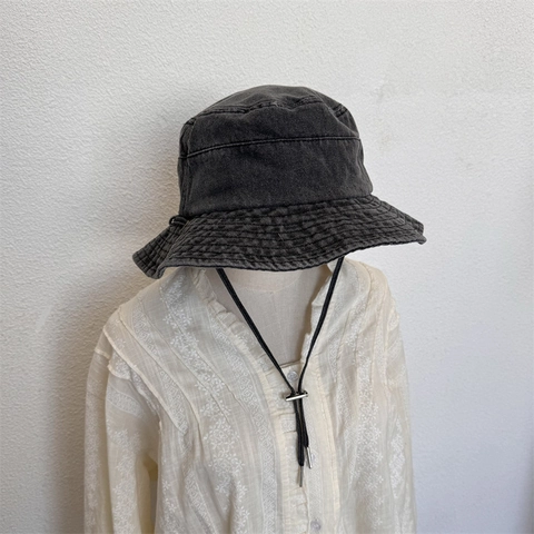 Acrylic Denim Style Bucket Hat For Women Men Adjustable Windproof Rope Water Washed Sun Protection Foldable Summer Outdoor Hat