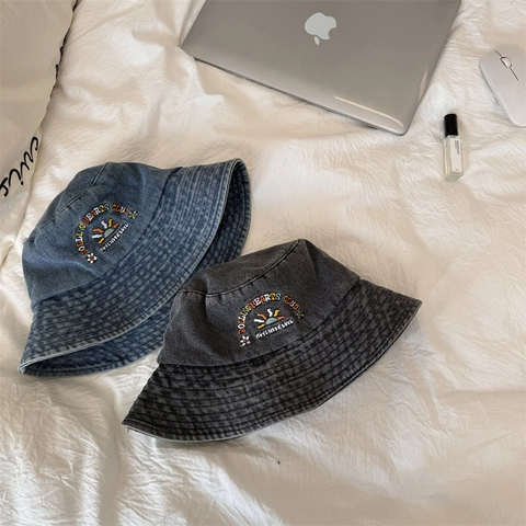 Vintage Bestickt Acryl Gewaschen Denim Stil Anglerhut Für Damen Herren Sonnenschutz Breite Krempe Outdoor Casual Fischerhut