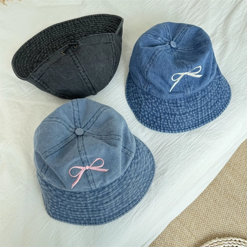 Women Retro Denim Style Acrylic Bucket Hat With Embroidered Bowknot Sun Protection Foldable Summer Casual Fisherman Hat