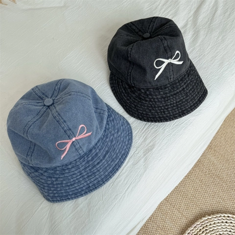Women Retro Denim Style Acrylic Bucket Hat With Embroidered Bowknot Sun Protection Foldable Summer Casual Fisherman Hat