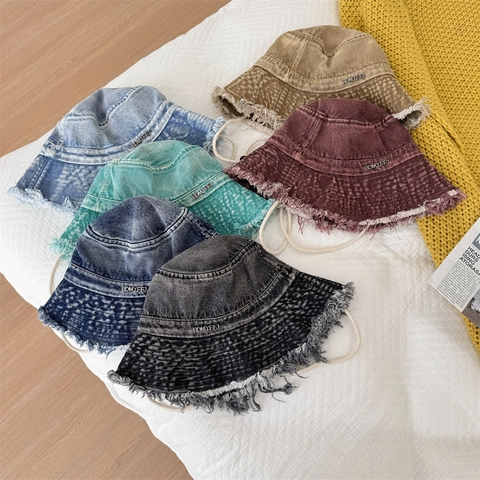Vintage Distressed Denim Bucket Hat For Women Frayed Edge Wide Brim Sun Protection Fisherman Hat With Windproof Rope
