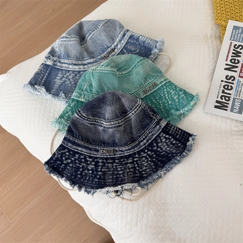 Vintage Distressed Denim Bucket Hat For Women Frayed Edge Wide Brim Sun Protection Fisherman Hat With Windproof Rope