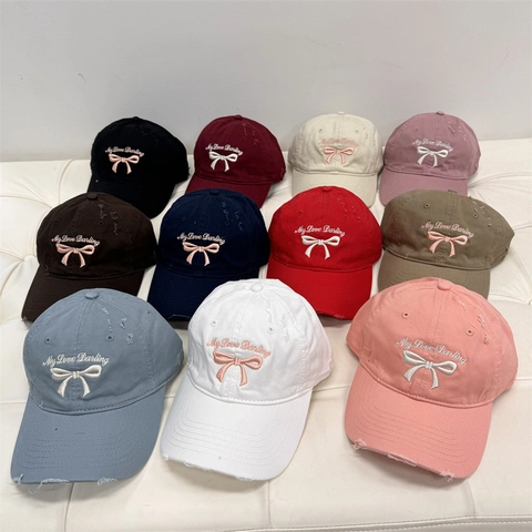 Berretto da Baseball da Donna Vintage Effetto Usurato Con Dolce Ricamo a Fiocco e Lettere Protezione Solare Cappello di Moda Regolabile