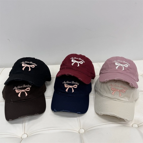 Berretto da Baseball da Donna Vintage Effetto Usurato Con Dolce Ricamo a Fiocco e Lettere Protezione Solare Cappello di Moda Regolabile