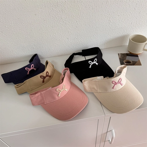 Women Empty Top Sun Visor Hat Acrylic Bow Embroidery Adjustable Sunscreen Cap Sporty Casual For Outdoor Beach Travel